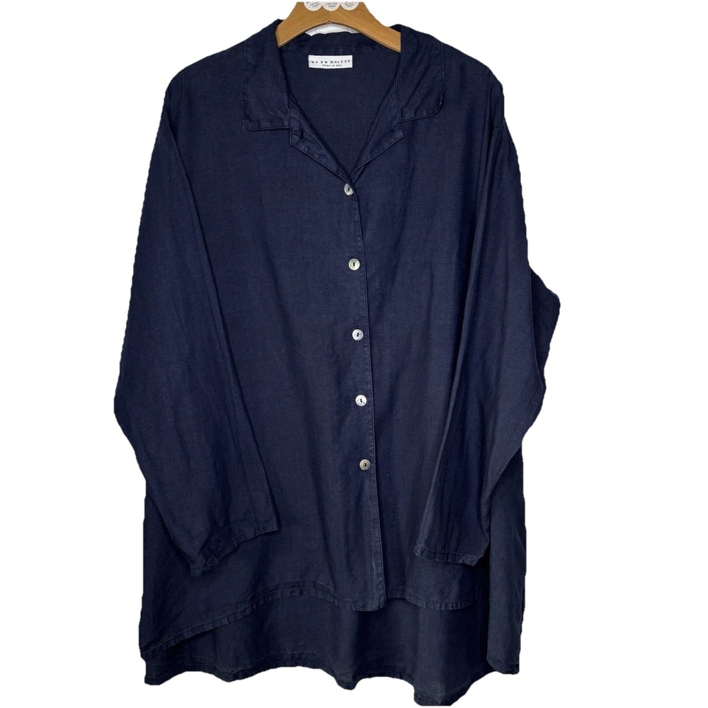 Bryn Walker USA Linen Shirt M Blue Button Up Hi Low Oversized Lagenlook Coastal